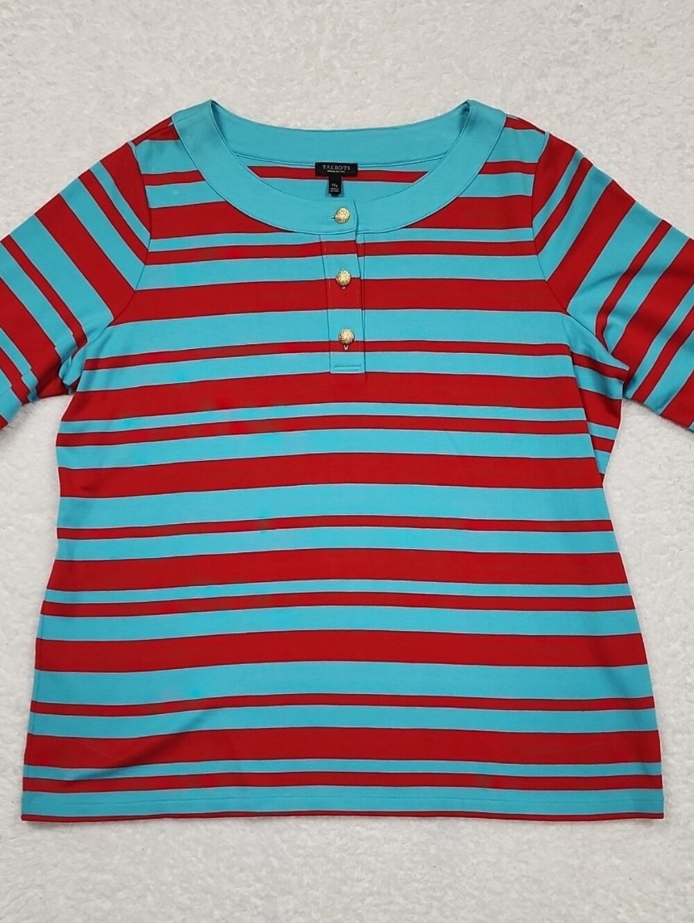 Talbots Red & Aqua Striped Henley 3/4 Sleeve Pima Cotton Shirt Gold Buttons